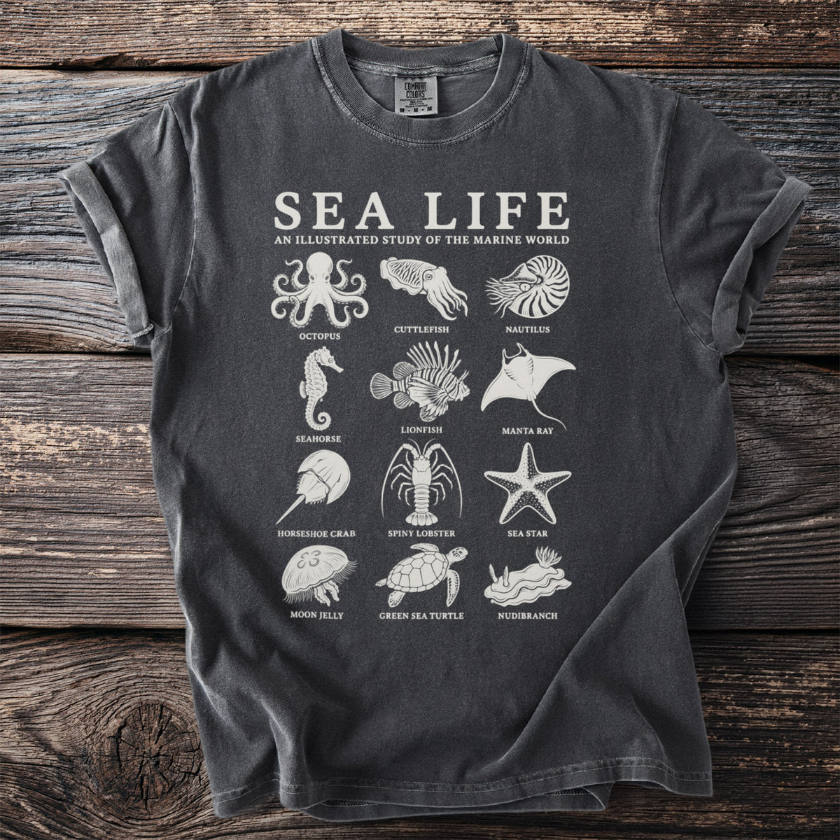 Dark grey t-shirt with "Sea Life" and an illustrated marine world chart.