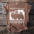 Brown t-shirt with white text and graphic of three birds and the word "murder."