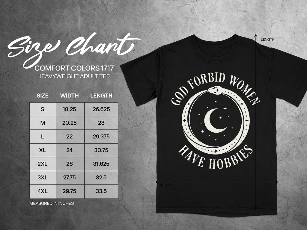 Size chart for Comfort Colors 1717 Heavyweight Adult Tee, with width and length measurements.