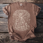 Brown t-shirt with a white graphic of a Norse tree, Odin, wolves, and ravens.
