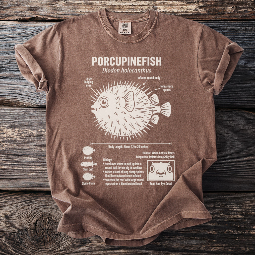 Brown t-shirt with diagram of a porcupinefish and its biological features.