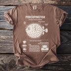 Brown t-shirt with diagram of a porcupinefish and its biological features.