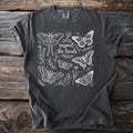 Dark grey t-shirt with moths, butterflies, and "respect the locals" text design.