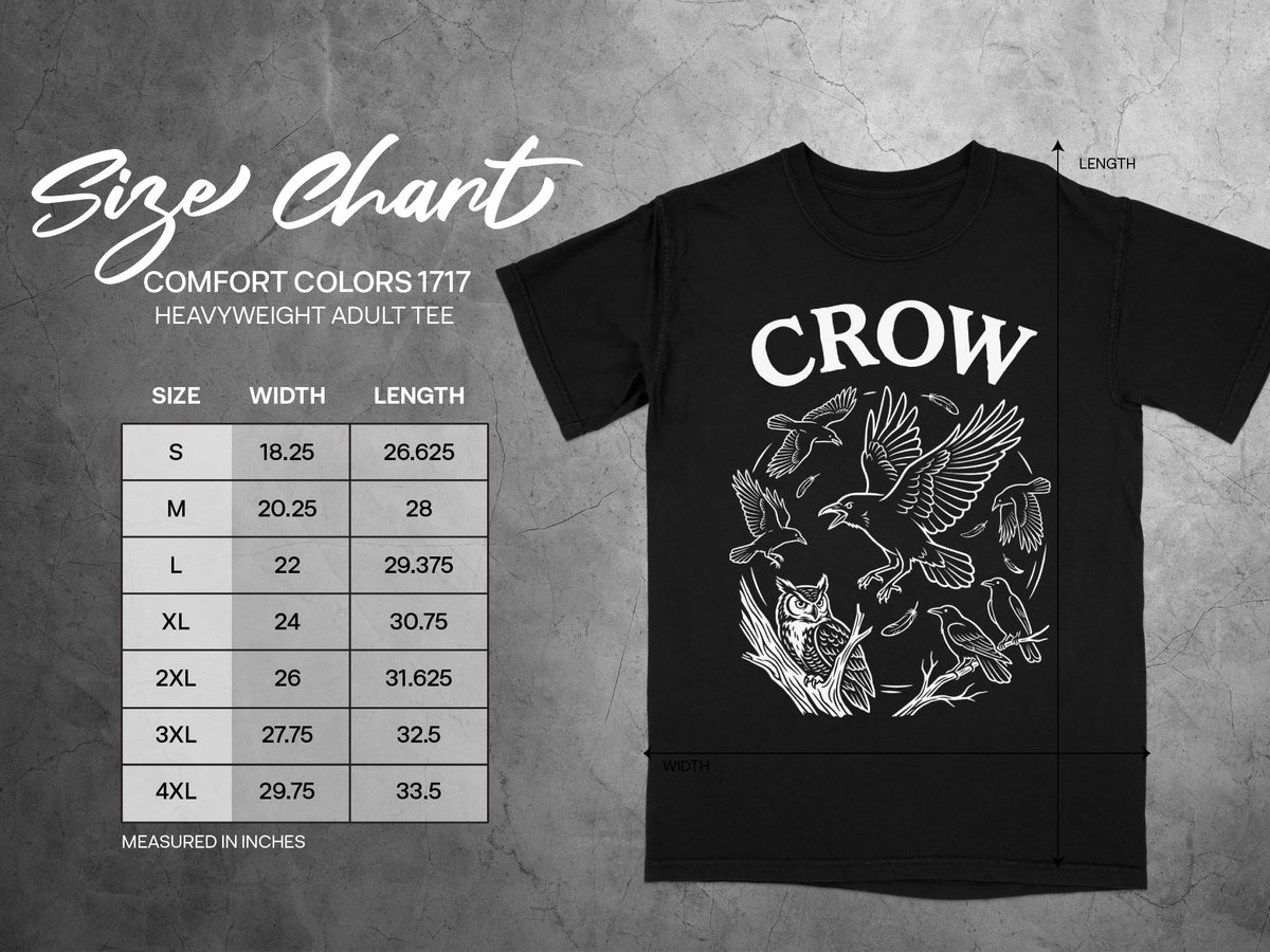 Comfort Colors 1717 adult tee size chart with crow graphic.