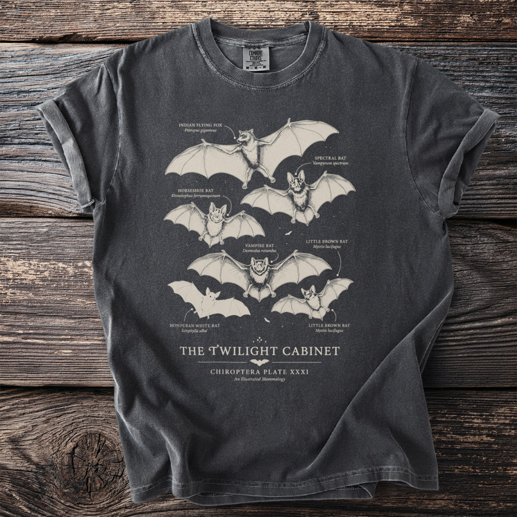 Dark grey t-shirt with illustration of six different bats and their scientific names.