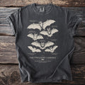 Dark grey t-shirt with illustration of six different bats and their scientific names.