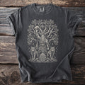 Dark gray t-shirt showing Thor raising Mjolnir beneath a tree with wolves and ravens.