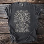 Dark t-shirt with Viking imagery: Odin holding Thor's hammer, wolves, ravens, and a tree.