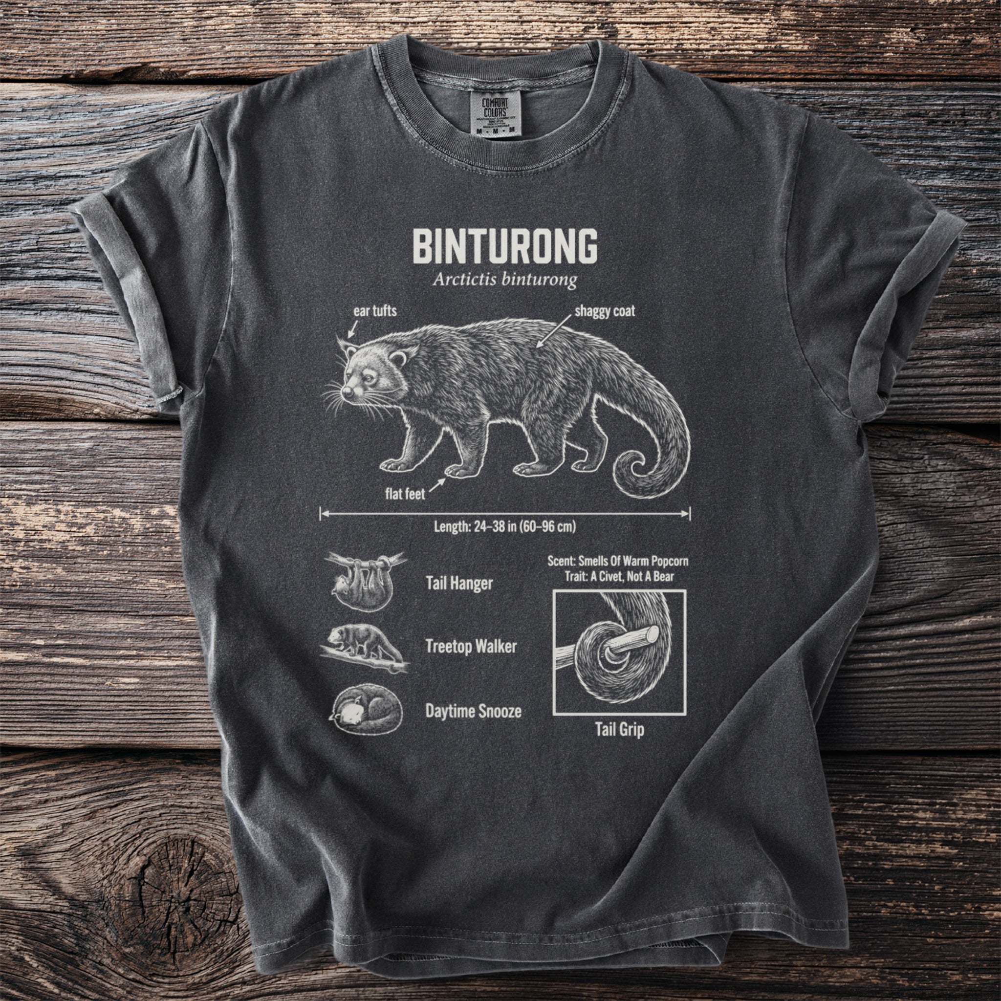 Binturong t-shirt with diagram of animal, showing length and traits.