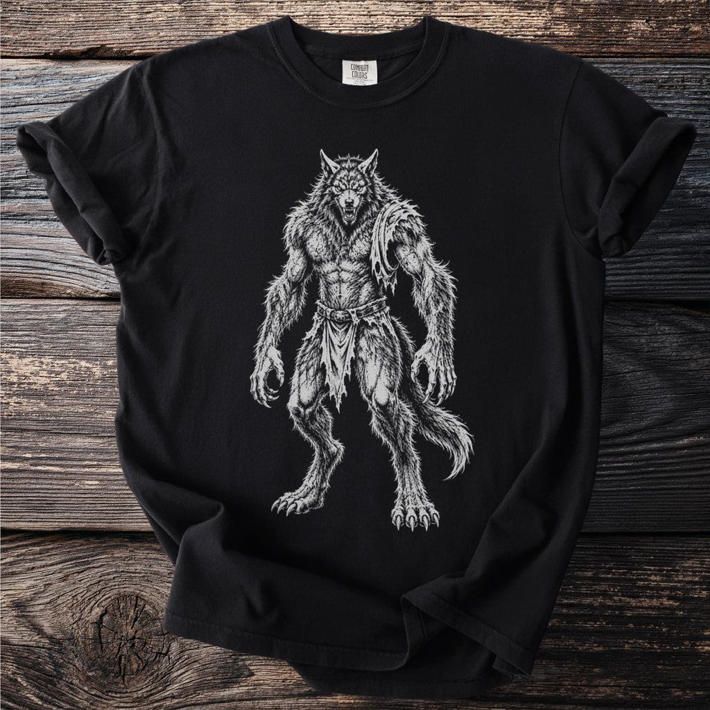Black t-shirt with a detailed, monochrome drawing of a werewolf.