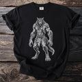 Black t-shirt with a detailed, monochrome drawing of a werewolf.