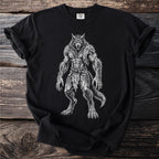 Black t-shirt with a detailed, monochrome drawing of a werewolf.