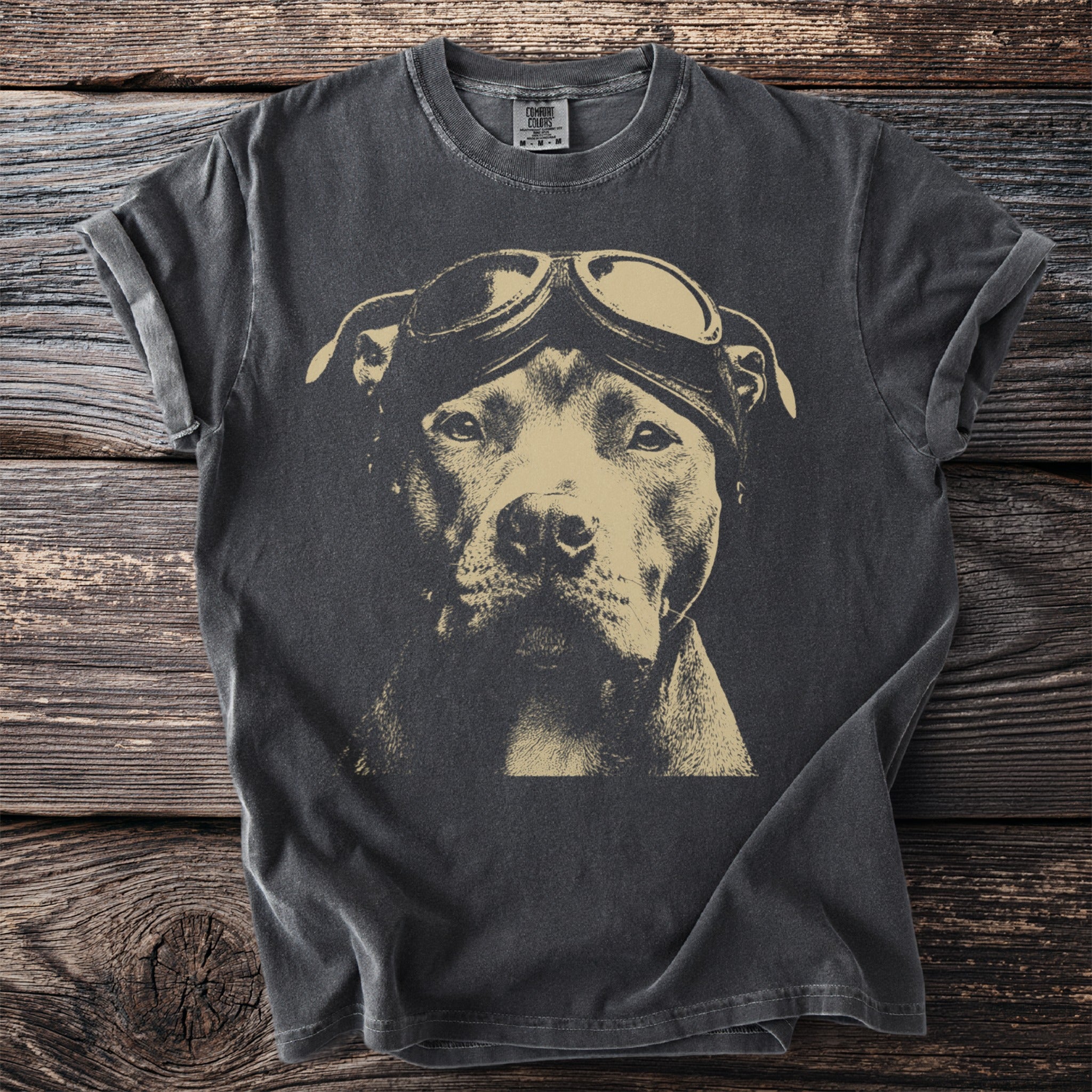T-shirt with graphic of a pit bull wearing aviator goggles and a bandana.