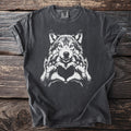 Grey t-shirt with a white wolf graphic making a heart shape with its paws.