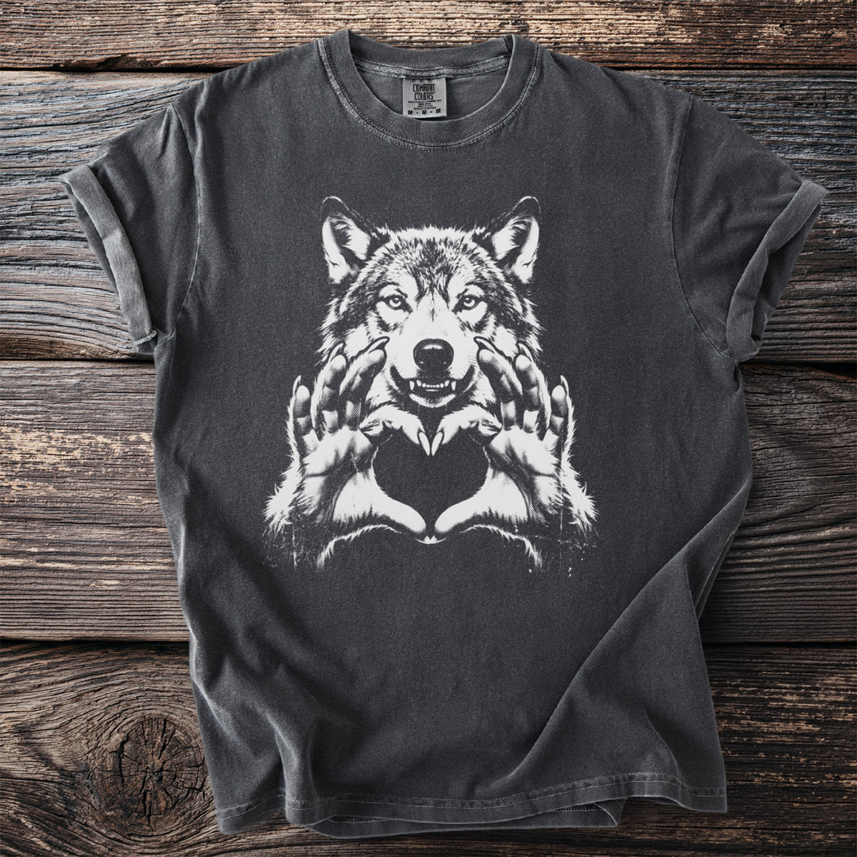 Grey t-shirt with a white wolf graphic making a heart shape with its paws.