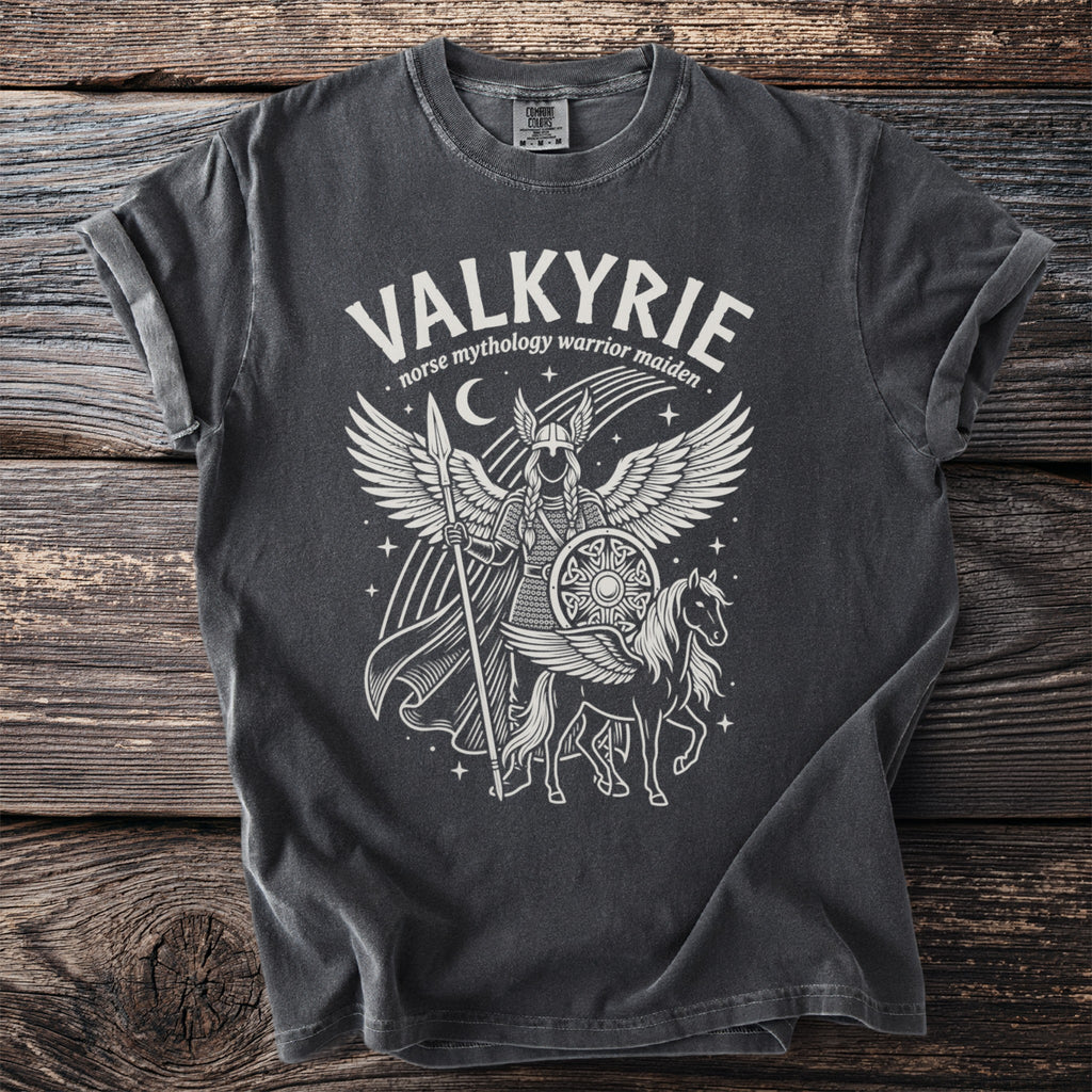 Valkyrie norse mythology warrior maiden design on charcoal t-shirt with winged female warrior and horse.