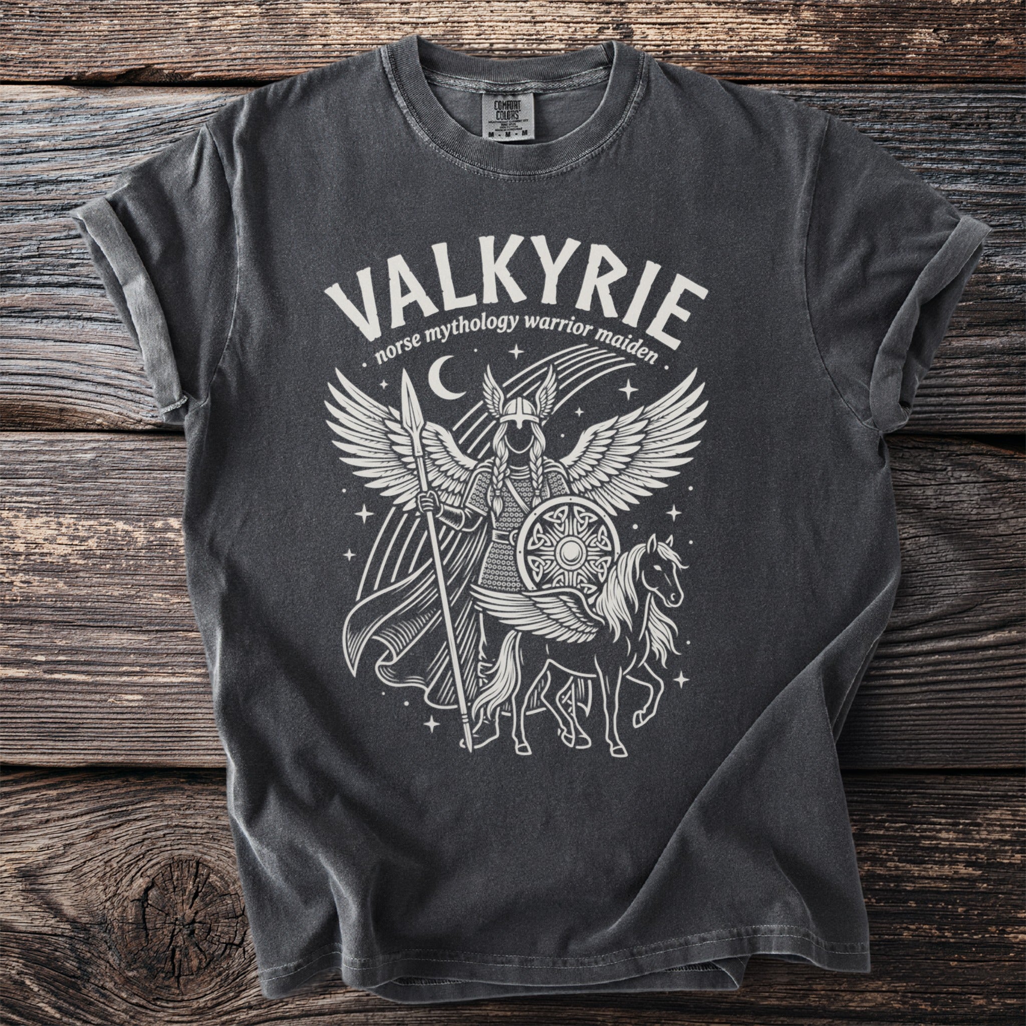 Valkyrie norse mythology warrior maiden design on charcoal t-shirt with winged female warrior and horse.
