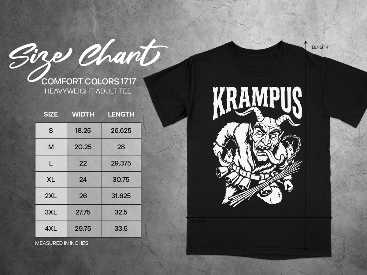 Black t-shirt size chart with Krampus graphic and measurements in inches.