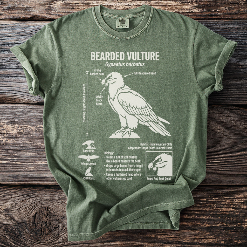 Green t-shirt with white diagram of a bearded vulture and its characteristics.