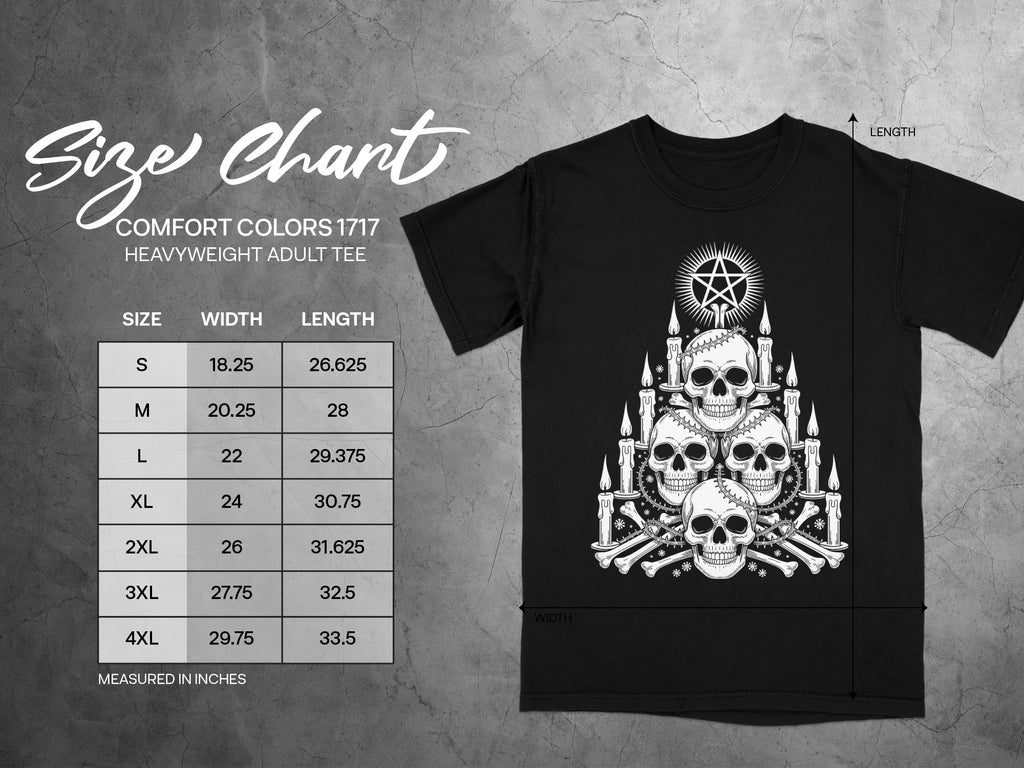 Size chart with skull and candle graphic for Comfort Colors 1717 heavyweight adult tee.