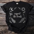 Black t-shirt with "respect the locals" graphic design featuring nature elements.