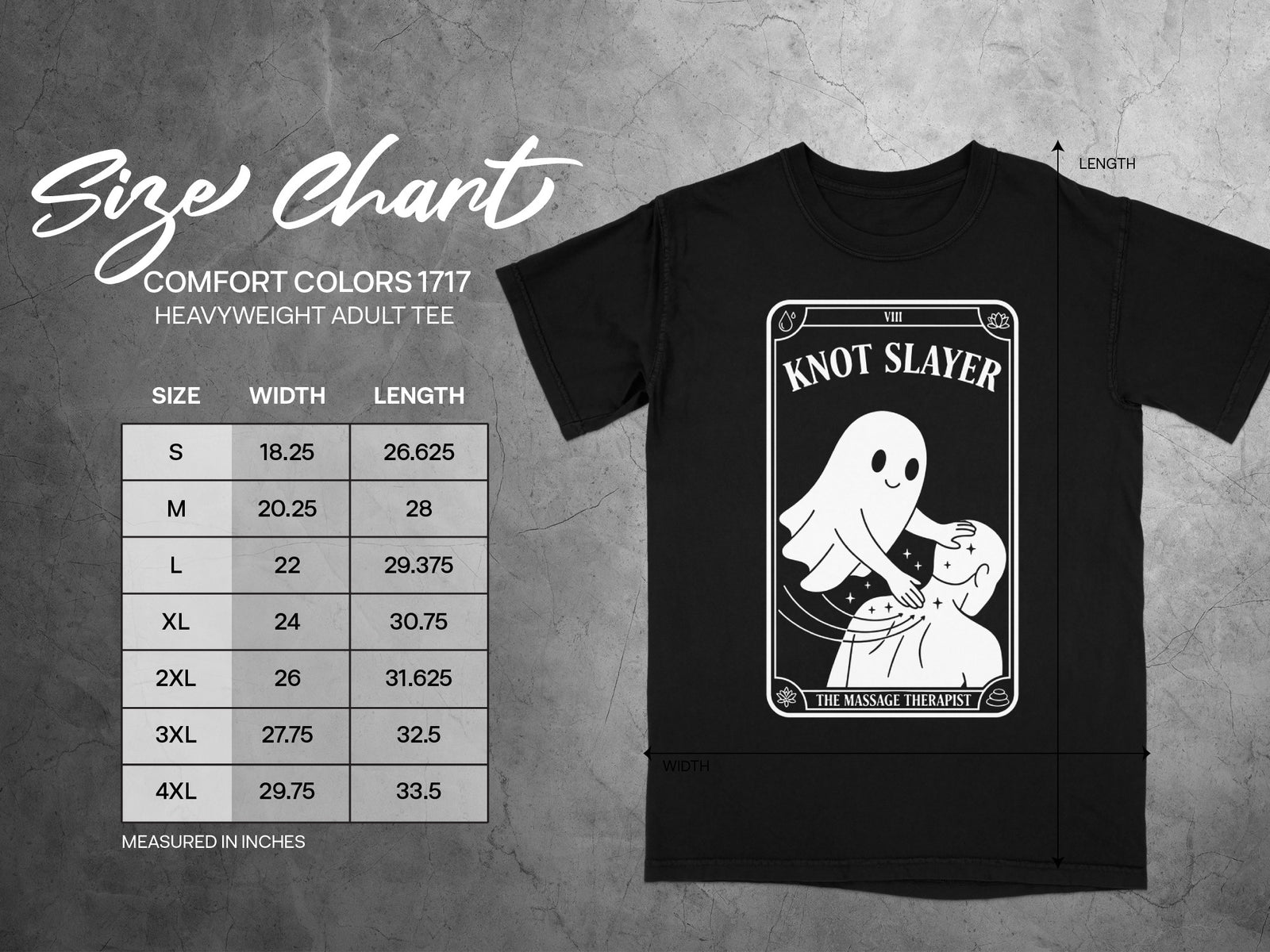 Black t-shirt with "Knot Slayer" tarot card graphic and size chart.