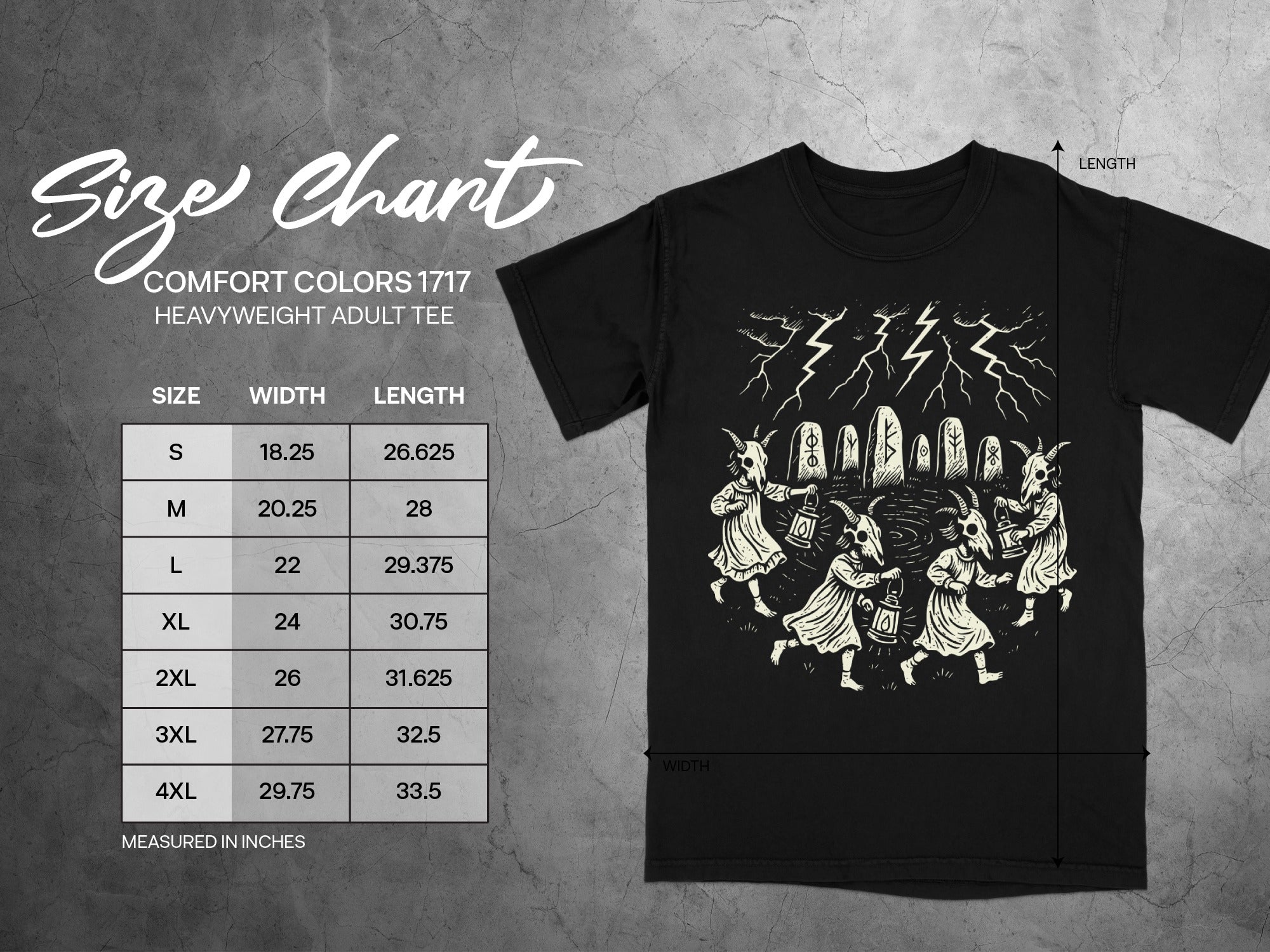Comfort Colors 1717 adult tee size chart with width and length measurements in inches.