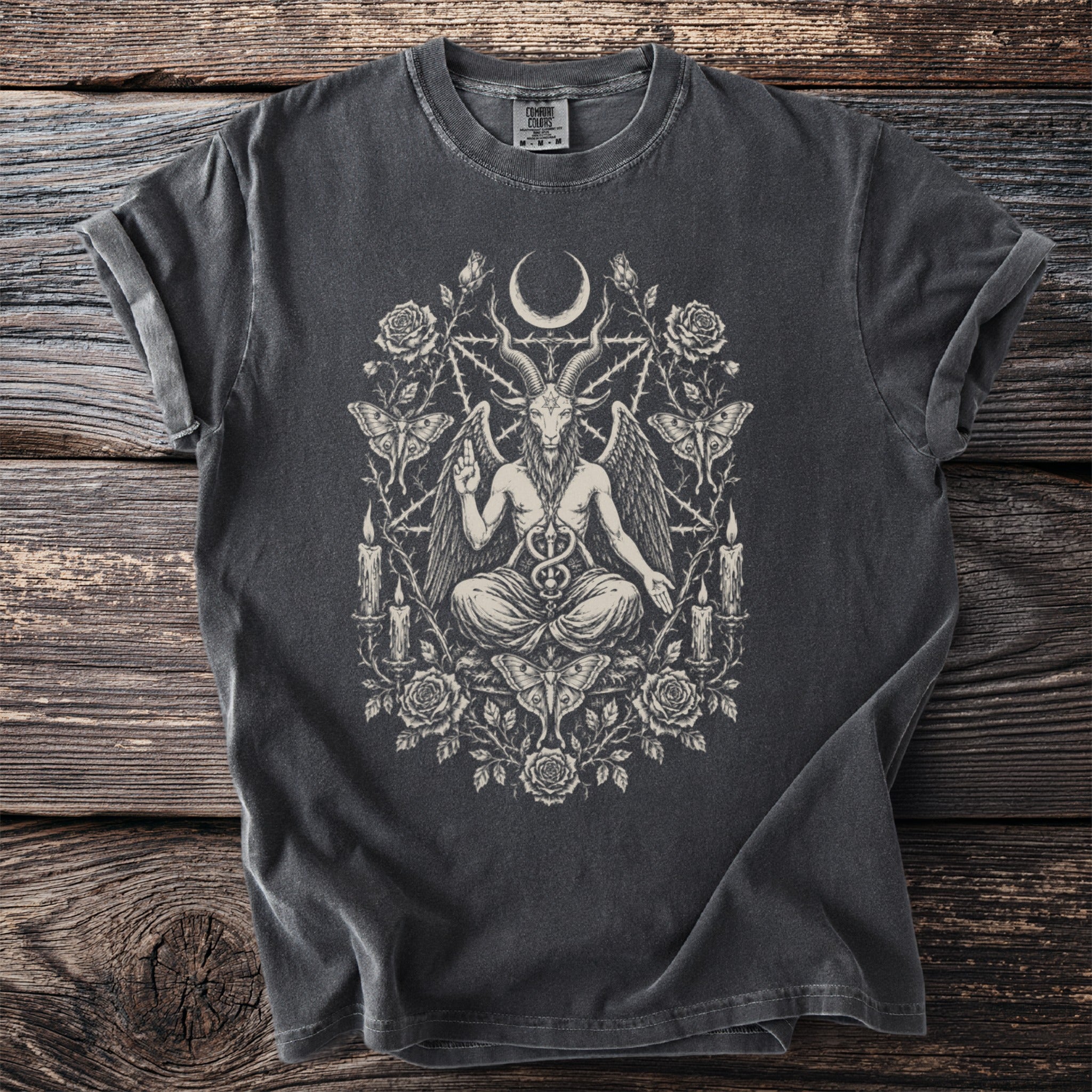 Dark grey t-shirt featuring a distressed print of Baphomet with occult symbols, roses, and moths.