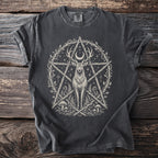 Charcoal t-shirt with a detailed illustration of a stag within a pentagram and natural elements.