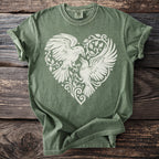 Olive green t-shirt with white linework design of two birds within a heart shape.