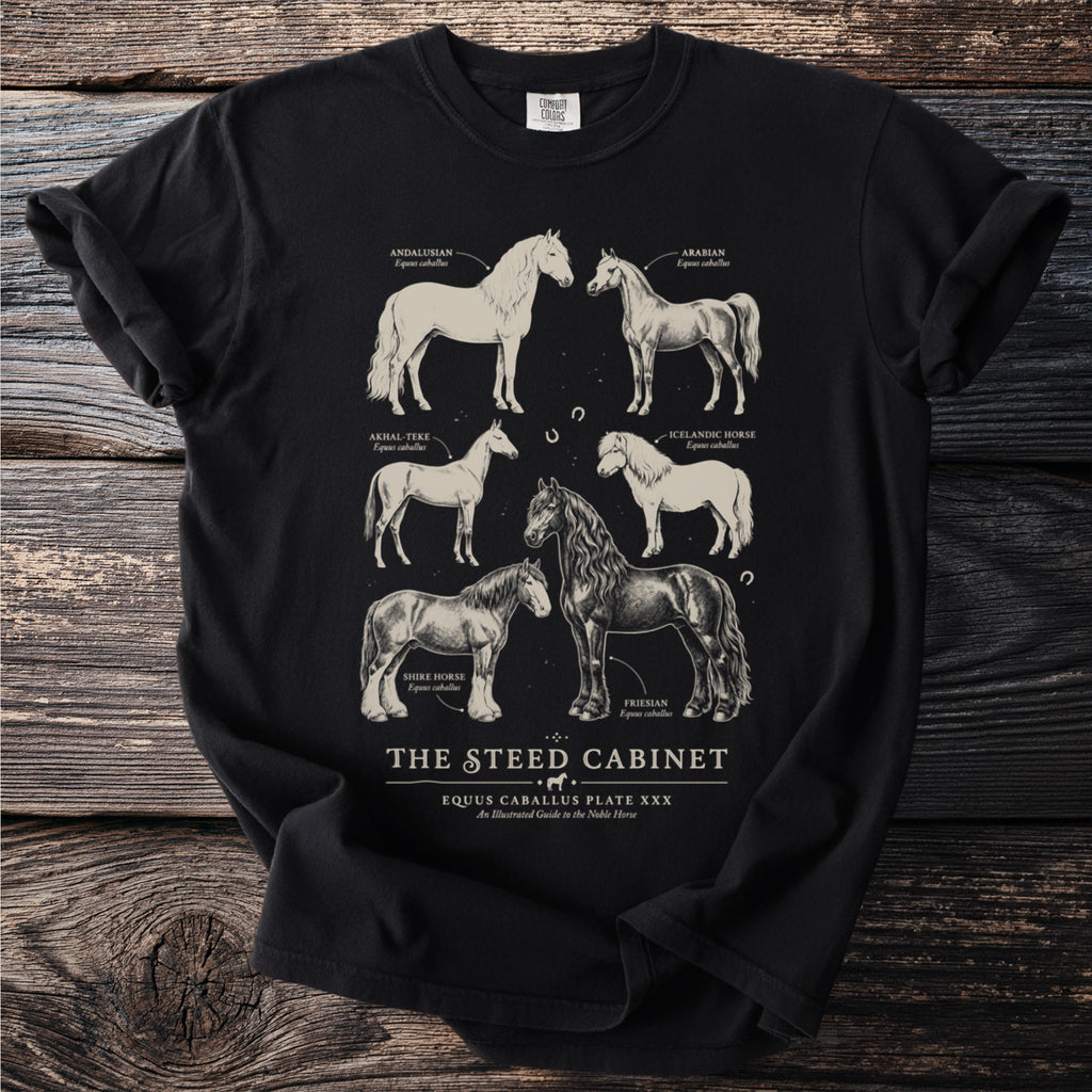 Black t-shirt with a vintage-style illustration of six horse breeds titled "The Steed Cabinet".