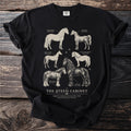 Black t-shirt with a vintage-style illustration of six horse breeds titled "The Steed Cabinet".