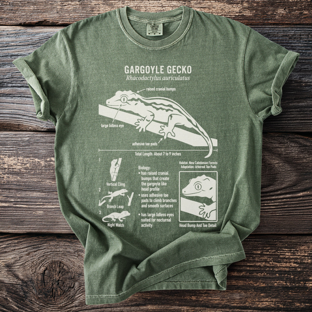 Green t-shirt with Gargoyle Gecko diagram, highlighting anatomy and biology.