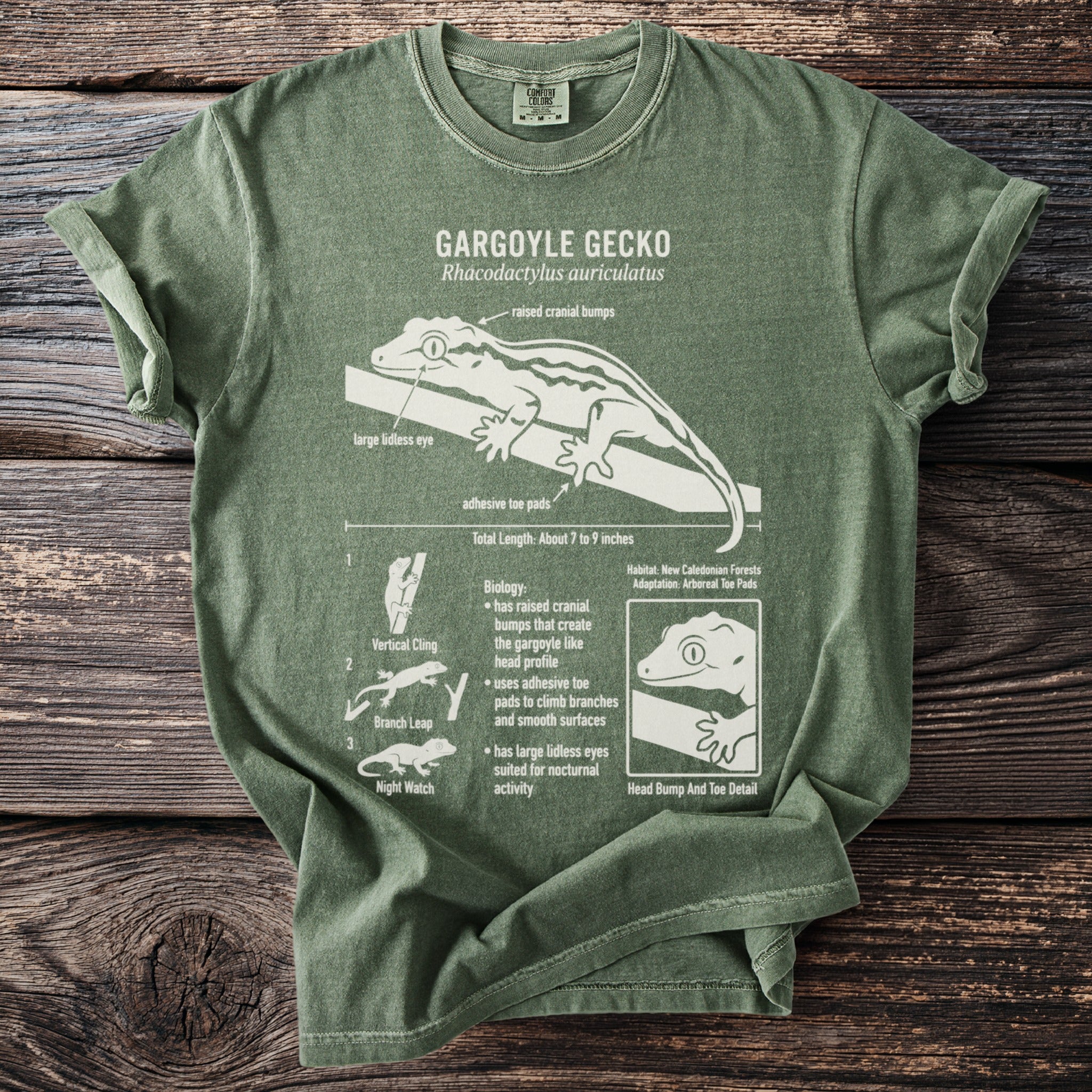 Green t-shirt with Gargoyle Gecko diagram, highlighting anatomy and biology.