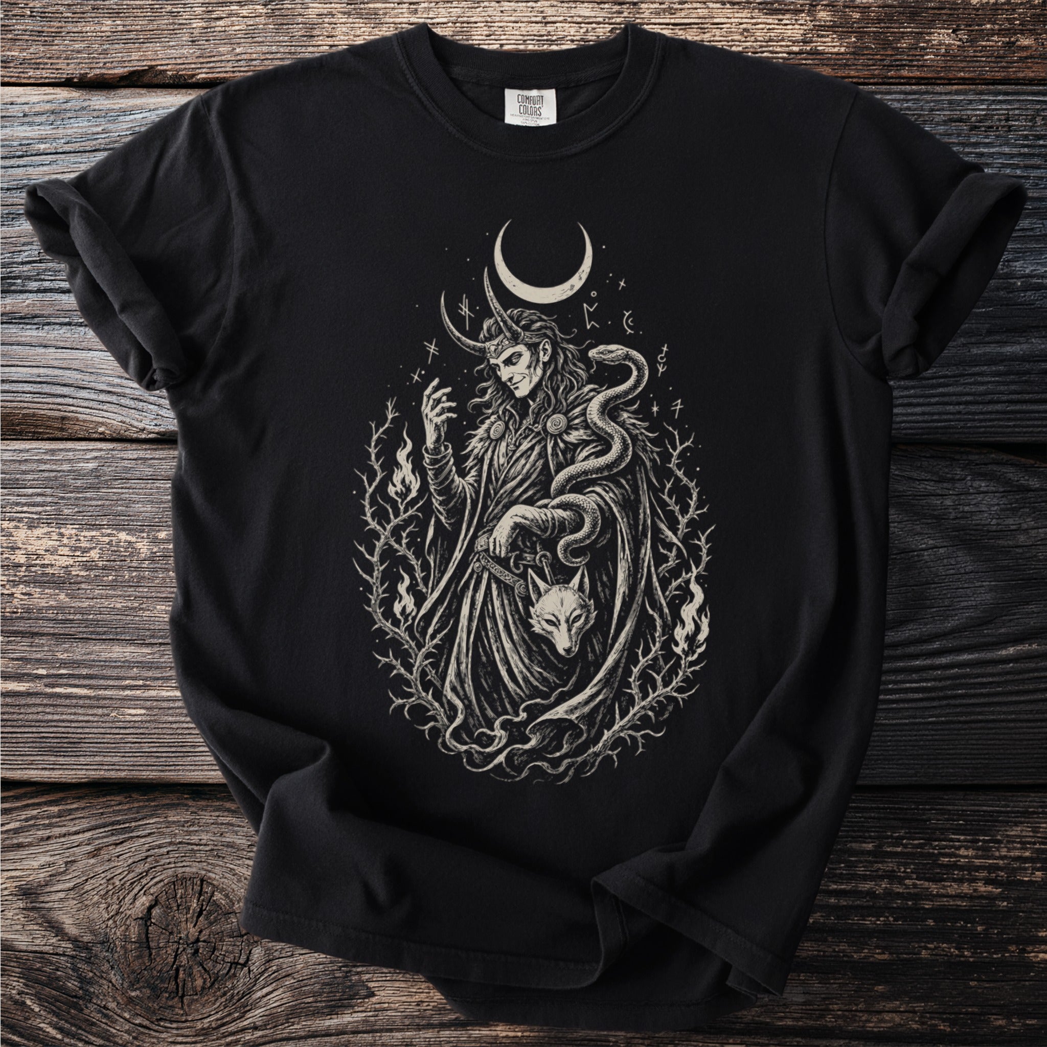 Black t-shirt with graphic of horned figure, snake, fox head, and moon.