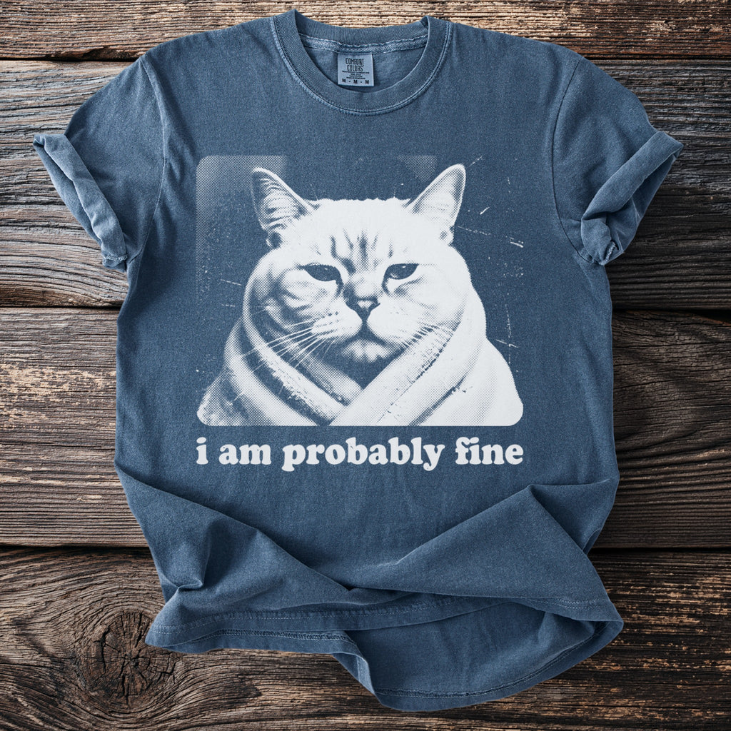 Blue t-shirt with a white graphic of a cat wrapped in a blanket with text "i am probably fine".