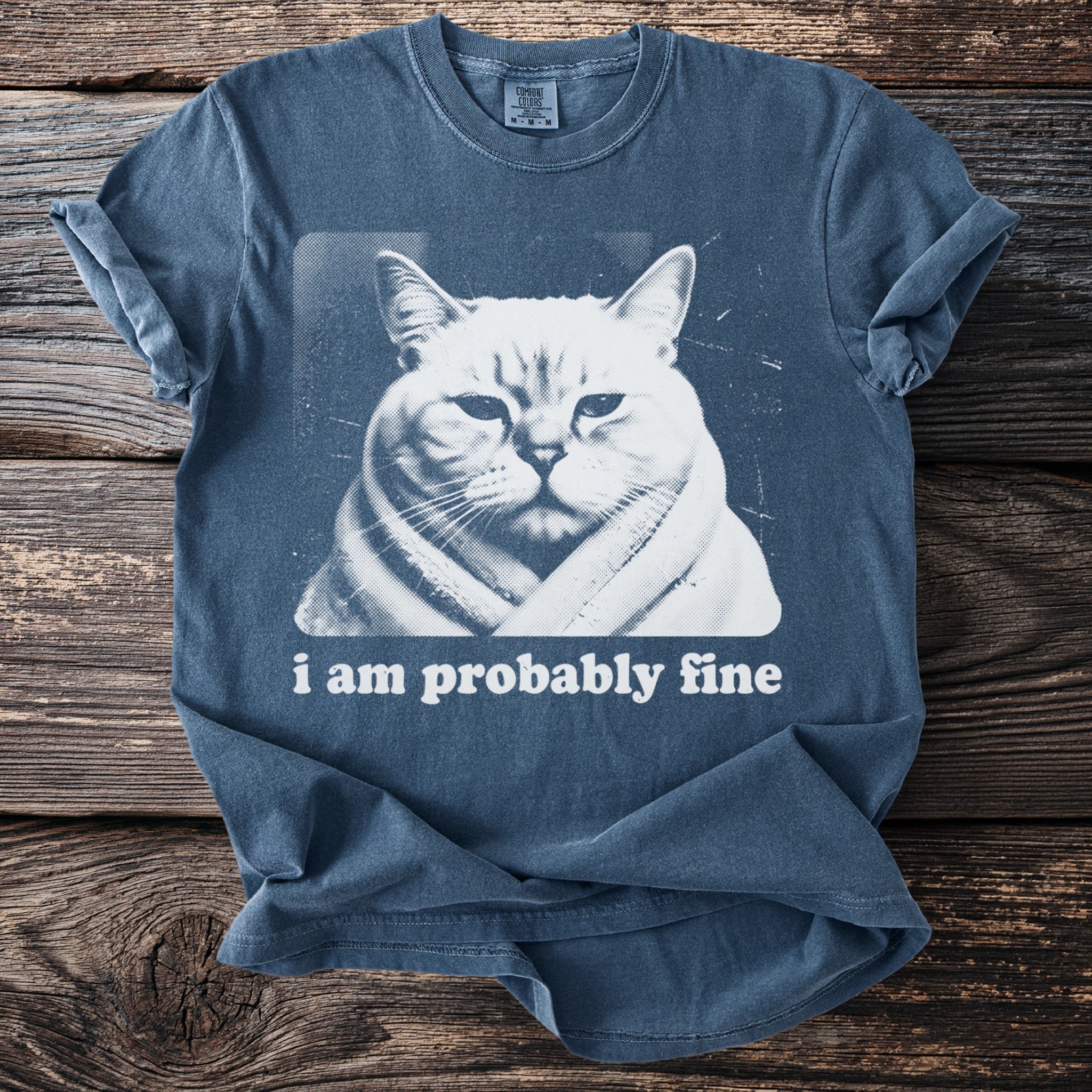 Blue t-shirt with a white graphic of a cat wrapped in a blanket with text "i am probably fine".
