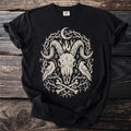 Black t-shirt with a beige occult graphic featuring a ram skull, ravens, and thorny branches.