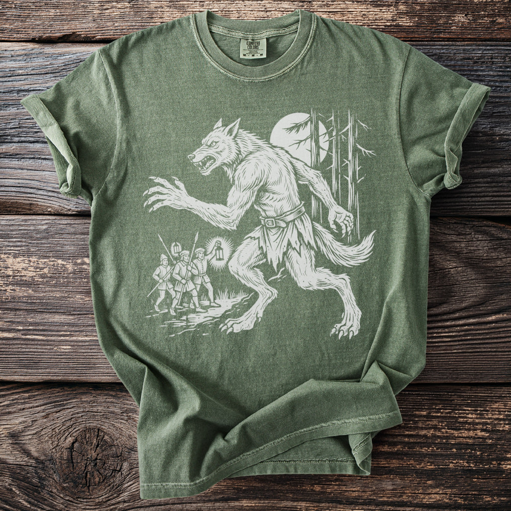 Werewolf chasing villagers with a lantern through a moonlit forest.