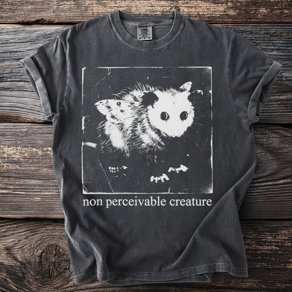 Dark grey t-shirt with a black and white graphic of an opossum and a moth, and text "non perceivable creature".