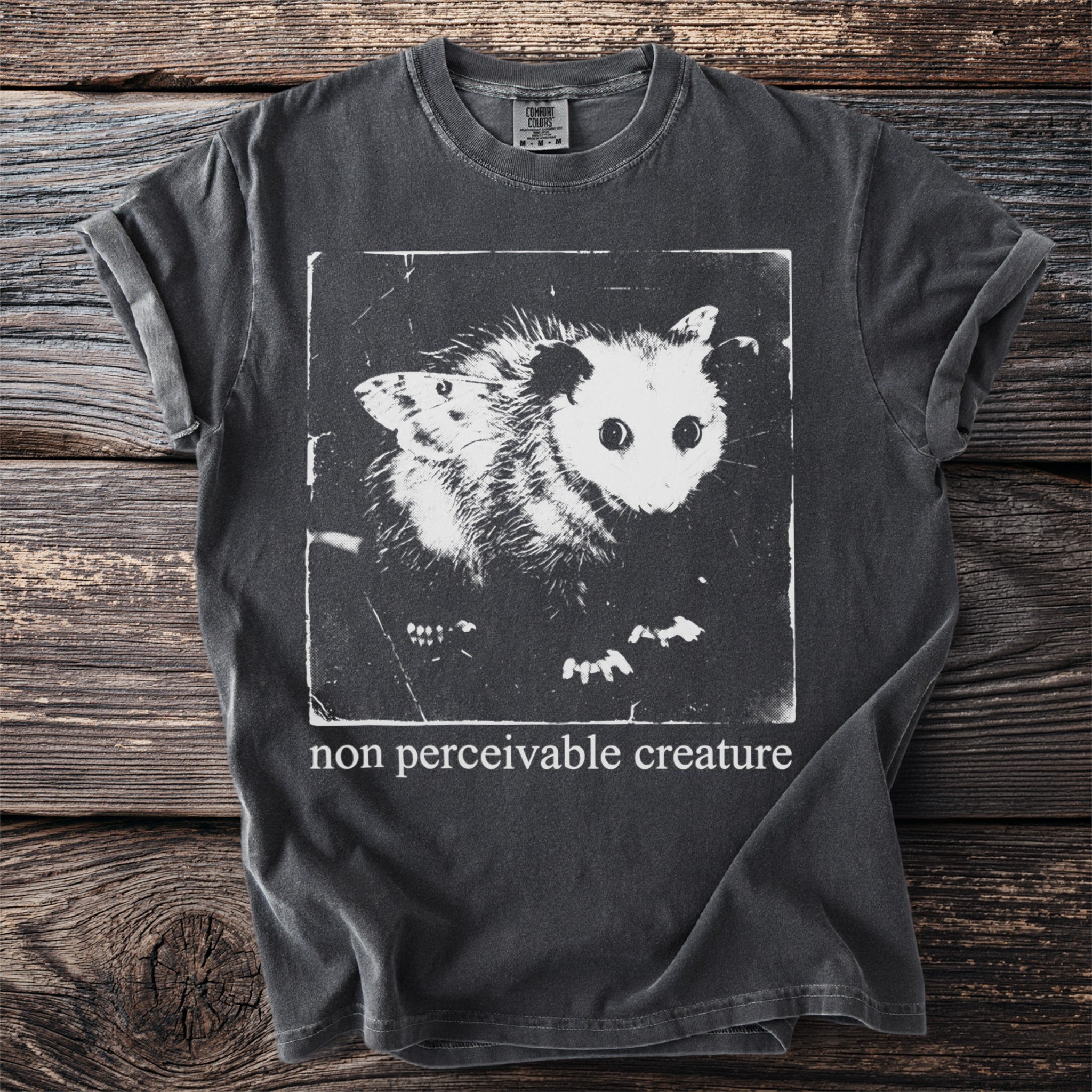 Dark grey t-shirt with a black and white graphic of an opossum and a moth, and text "non perceivable creature".