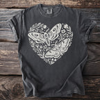 Dark grey t-shirt with white heart-shaped moth and floral print.