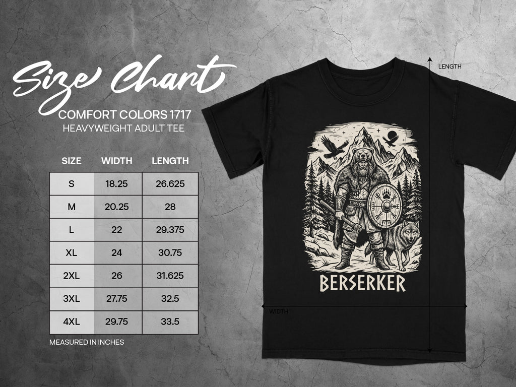 Size chart for Comfort Colors 1717 heavyweight adult tee with viking graphic.