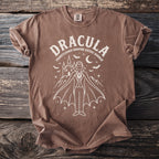 Brown t-shirt with Dracula, castle, bats, and moon graphic.
