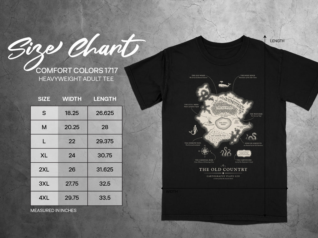 Comfort Colors 1717 t-shirt size chart with width and length measurements.