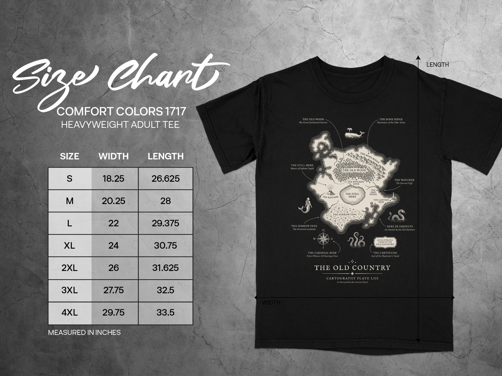 Comfort Colors 1717 t-shirt size chart with width and length measurements.