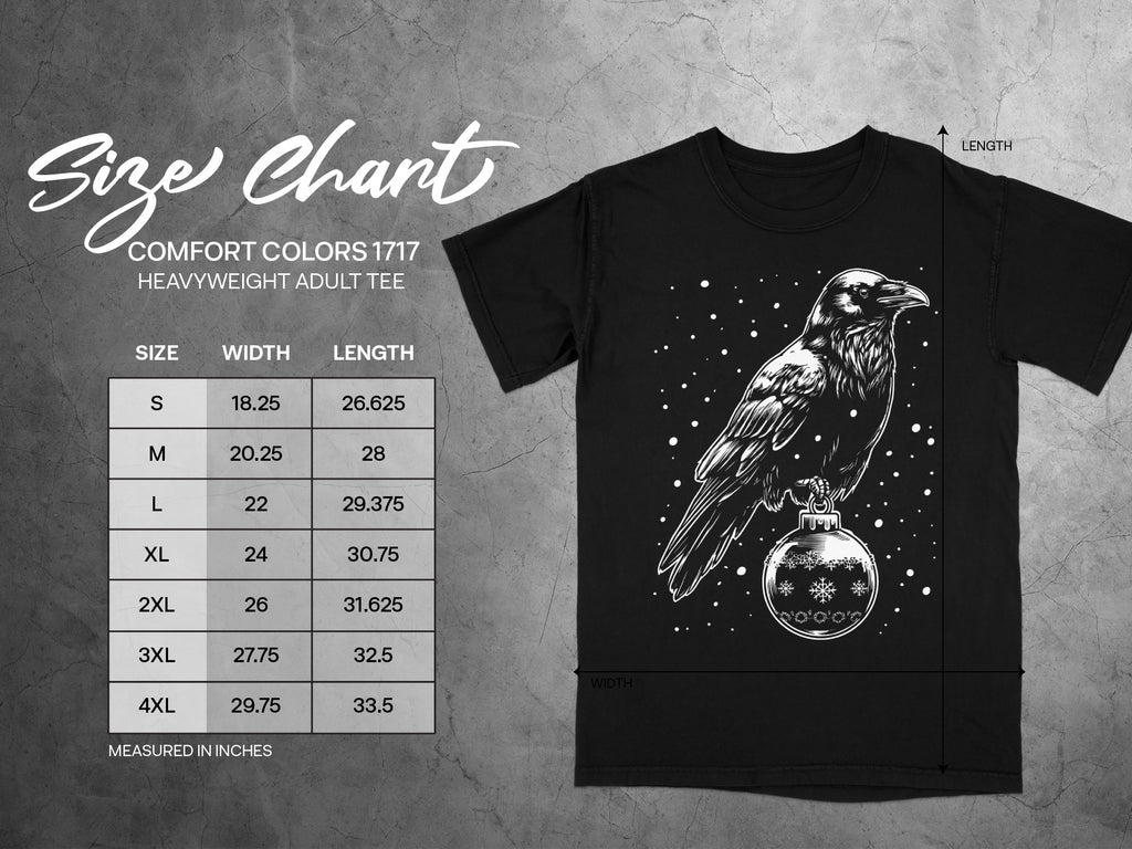 Comfort Colors 1717 size chart for a black t-shirt with a crow graphic.