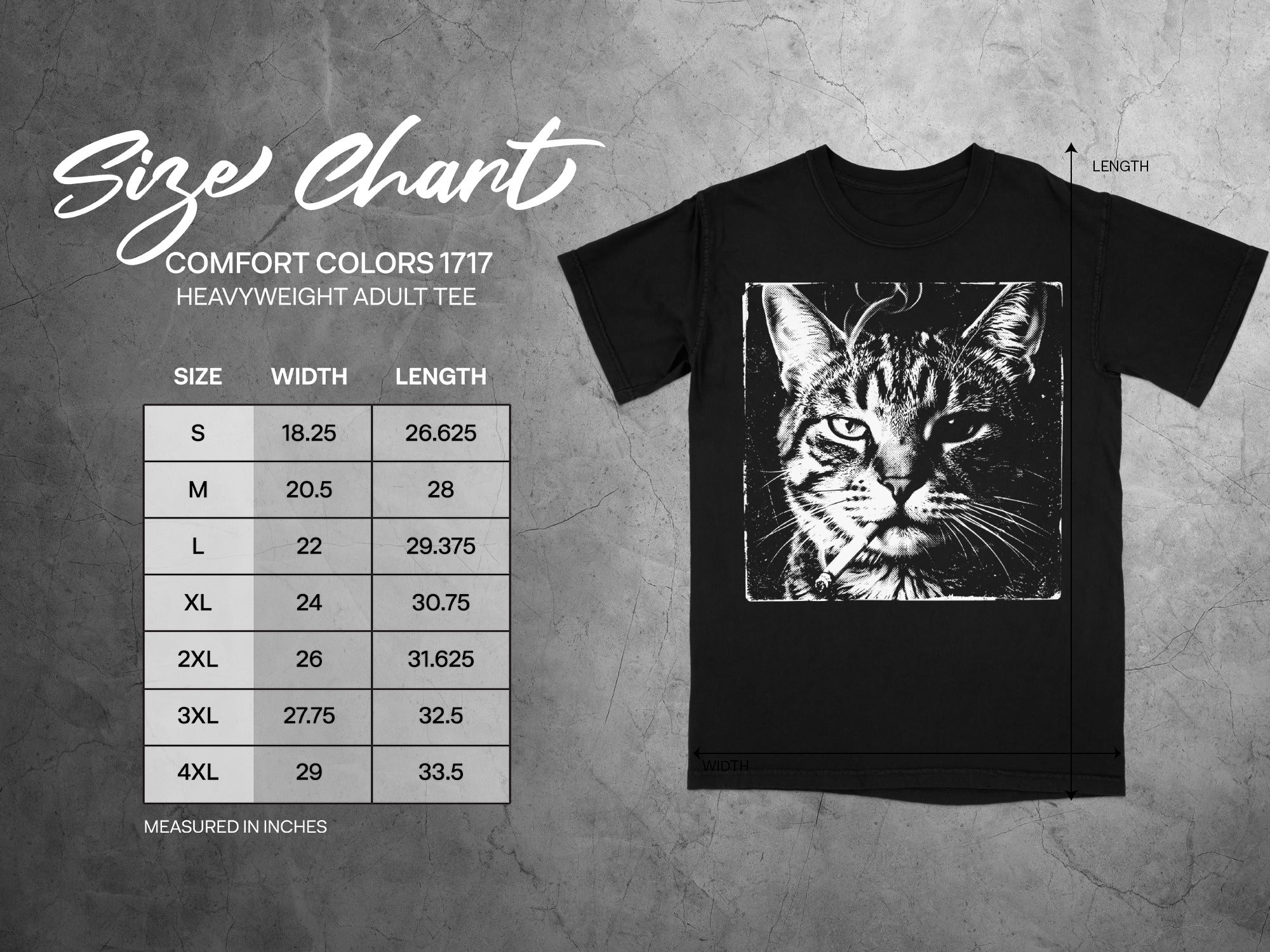 Comfort Colors 1717 garment size chart in inches.