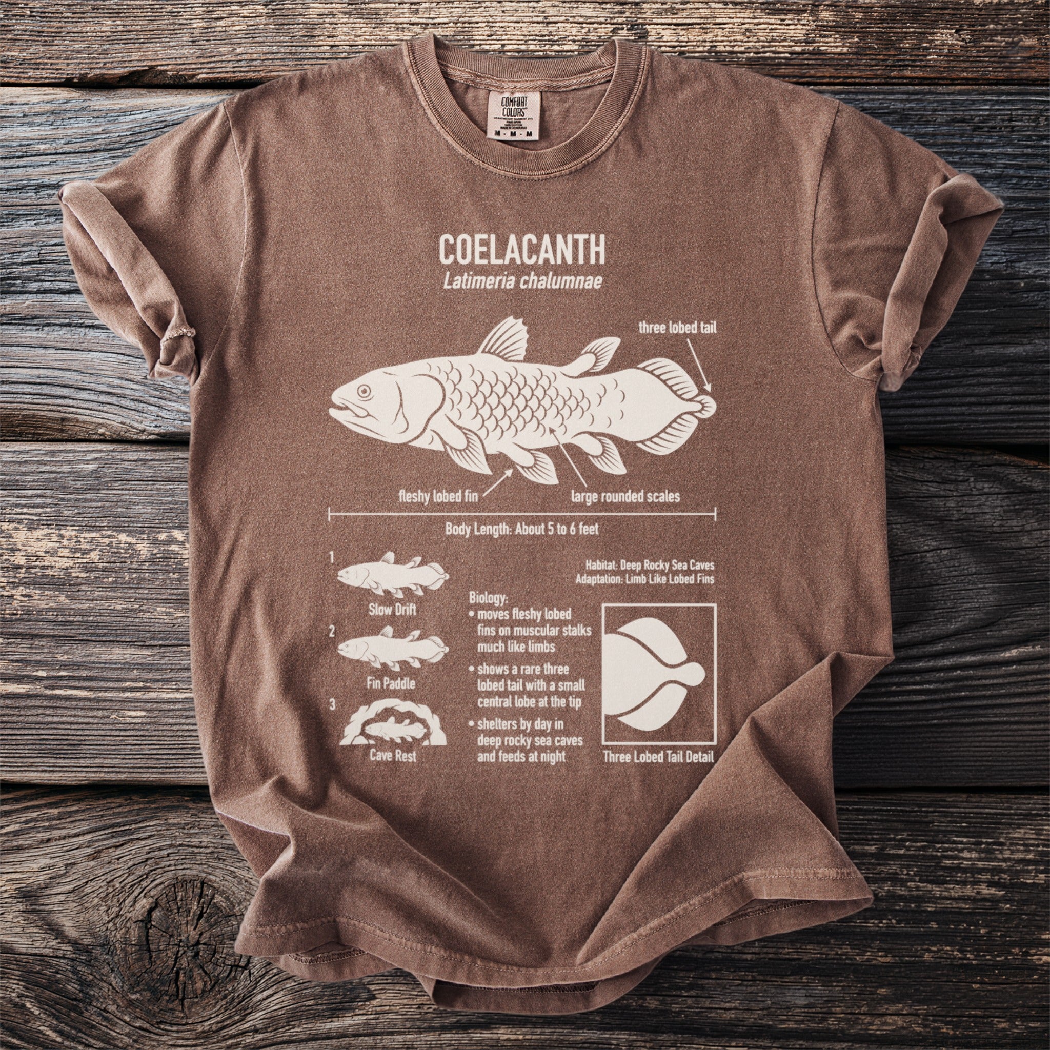 Brown t-shirt with white graphic of coelacanth fish, its anatomy, and biology.