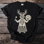 Black t-shirt with beige tribal figure holding a drum and rattle.